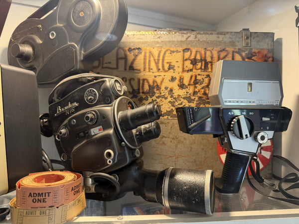 Chris's 16mm and Super 8 cameras, with an original Blazing Boards film case