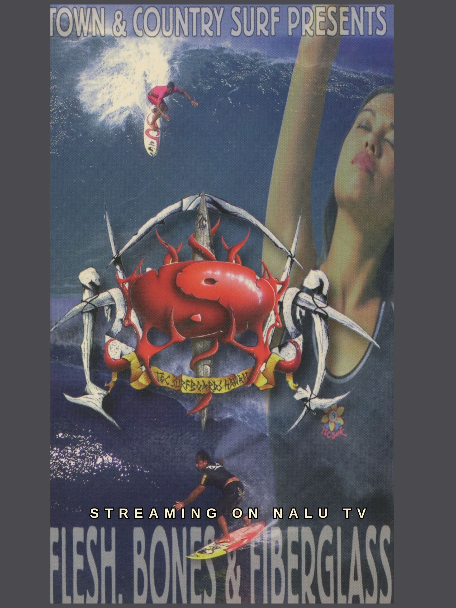 Promotional poster for 'Flesh, Bones & Fiberglass' featuring a surfer, woman, and red crab design.