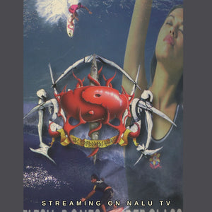 Promotional poster for 'Flesh, Bones & Fiberglass' featuring a surfer, woman, and red crab design.