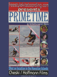 Promotional poster for 'Prime Time' kiteboarding film featuring various kiteboarders and text.