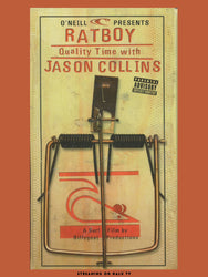 Vintage-style mouse trap poster with text about 'Ratboy' and 'Jason Collins' on a brown background.