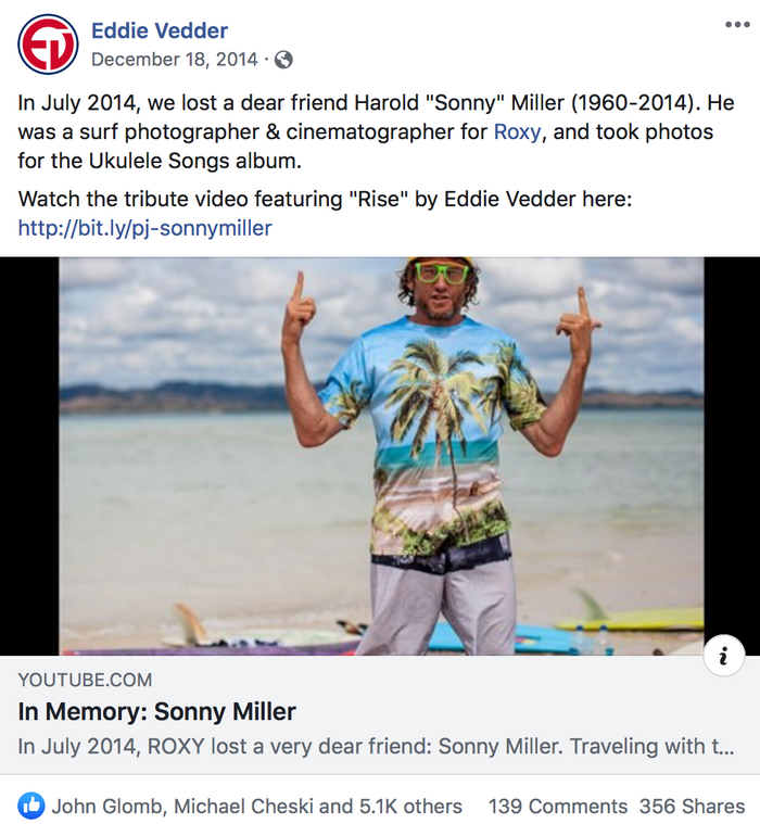 Eddie Vedder post about Sonny Miller