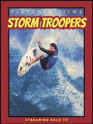 Promotional poster for the film 'Storm Troopers' featuring a surfer on a wave with the text 'Fletcher Films' and 'Storm Troopers' along with the logo 'Streaming Halu TV'.